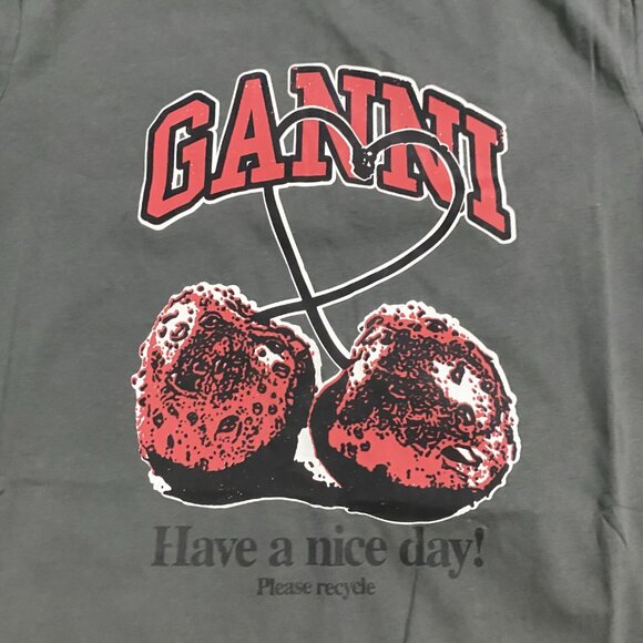 Ganni Future Heavy Cherry Drop Shoulder Black Short Sleeve - Picture 2 of 8